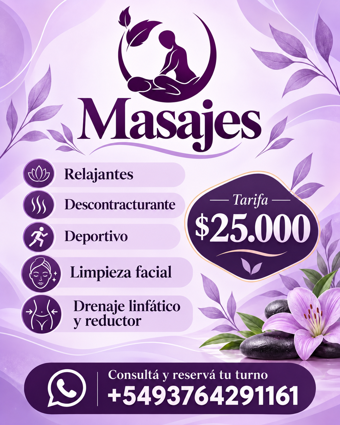 Nuestro folleto de masajes en tonos lila: relajantes, descontracturantes, deportivos, limpieza facial, drenaje linfático y reductor.